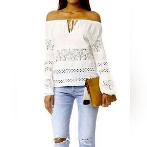 For LOVE & LEMONS Off Shoulder Off White Bohemian Embroidered Crochet Lace Top L